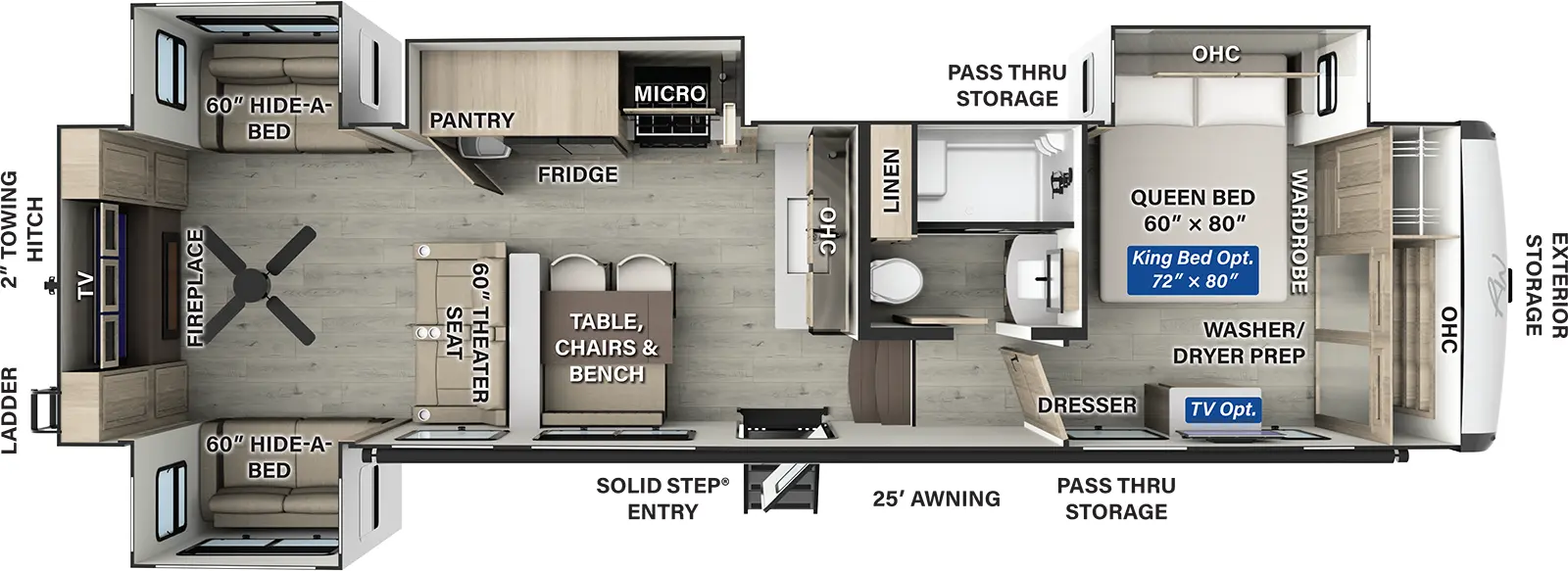 The Rockwood Signature Fifth Wheels R375RL has one entry and four slide outs. Exterior features include: fiberglass exterior and 25' awning. Interiors features include: front bedroom and rear living.